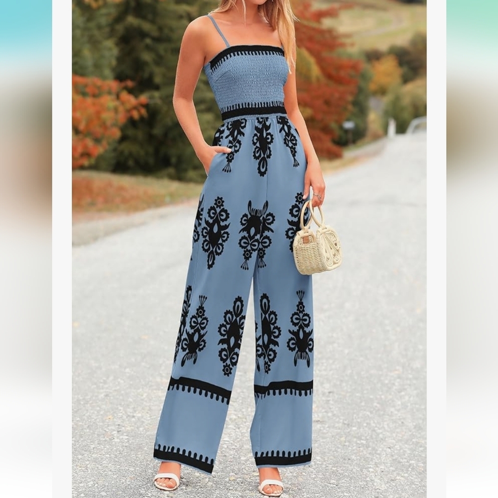 Elegant Blue and Black Patterned Women's Jumpsuit